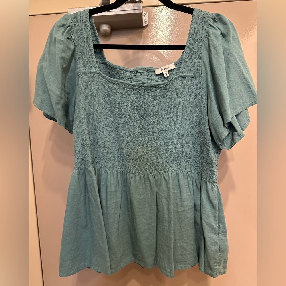 Madewell Teal Smocked Blouse